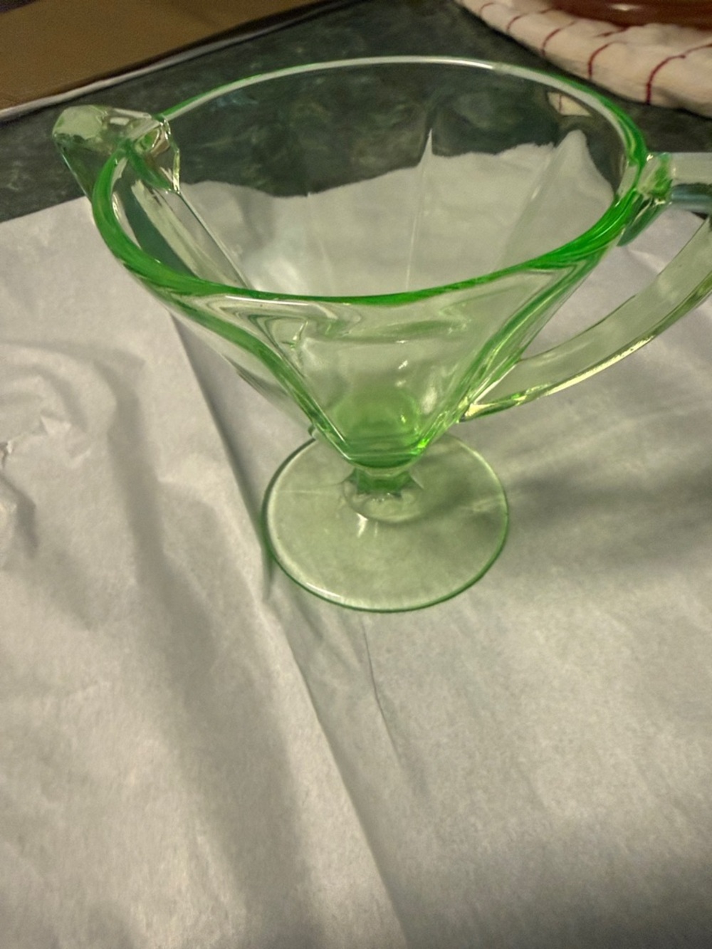 Vintage Double Handled Green Vaseline Glass Paneled Sherbet Dish 4.13"x5.75" Exc